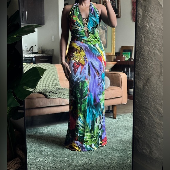 Y2K Women’s Tropical Halter Maxi Dress w/ Gold Chain Detail – Size S/M - Picture 2 of 8